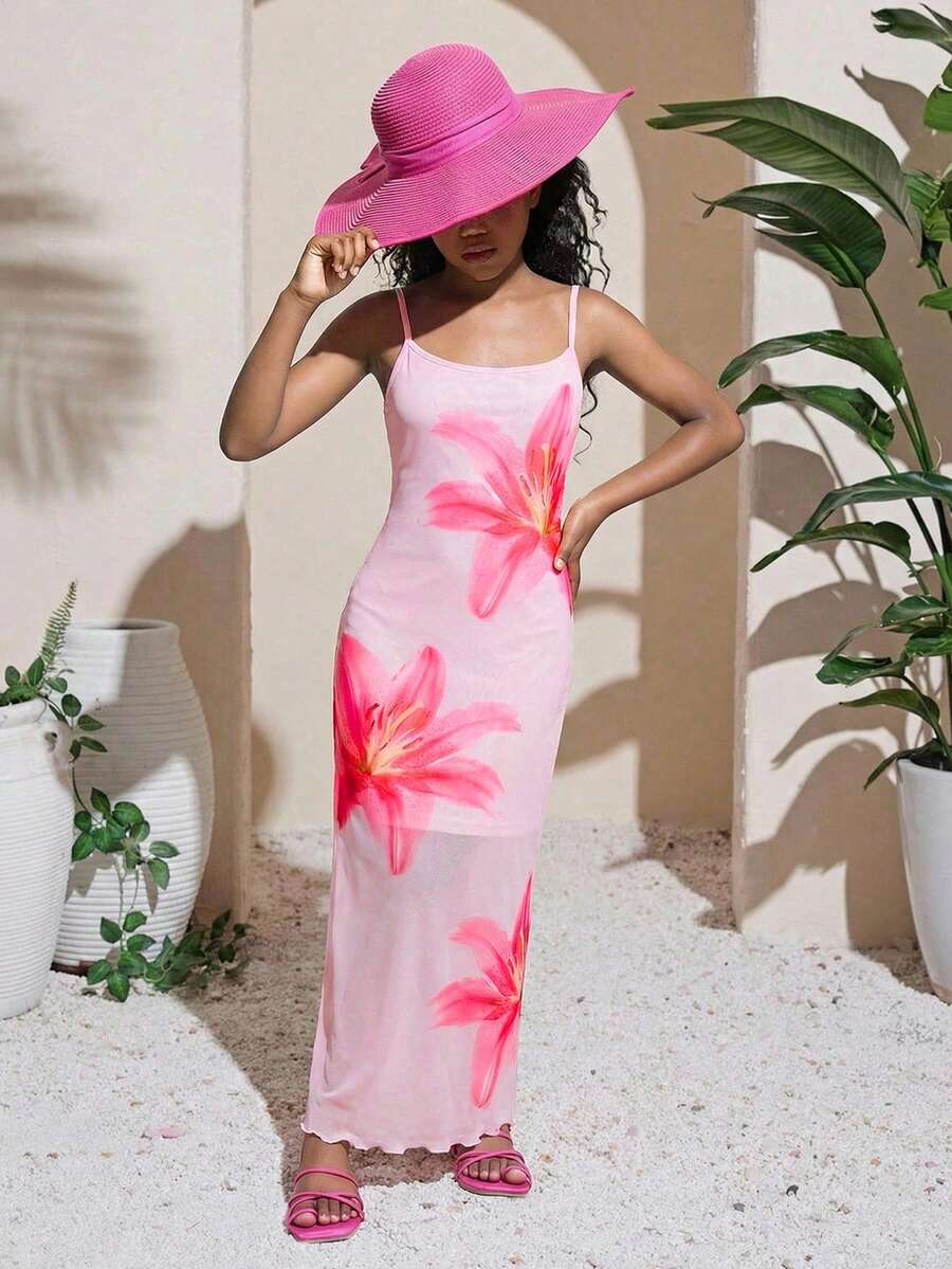 SHEIN 少女休闲碎花修身吊带连衣裙,舒适简约 - 粉色 - 查看 1