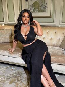 NU&NOW Plus Size Backless Halter Neck Sexy Top And Long Skirt 2 Pieces Set - Black - View 2
