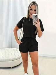 SHEIN 2 piezas Conjunto de top de manga corta y pantalones cortos de unicolor informal para mujer, verano