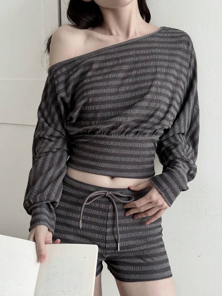 Women's Casual Striped Asymmetric Collar Top And Shorts 2 Pieces Set, Spring/Summer