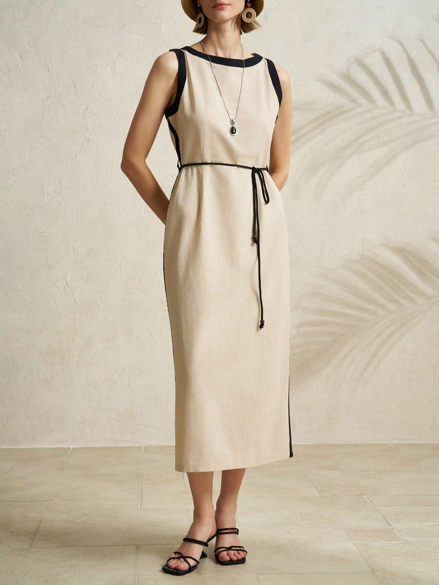 Airaco Women's Casual Sleeveless Tie-Front Contrast Trim Dress, Summer - Apricot - View 1