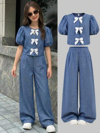 Firerie Kids Conjunto de blusa de manga abullonada con cuello redondo y lazo blanco delantero, y pantalones rectos para niñas preadolescentes, de estilo casual y elegante