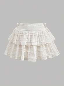 SHEIN Falda corta de niña preadolescente de color albaricoque, con diseño elegante y minimalista de cordón, fruncido y lazo - Albaricoque - Ver 6