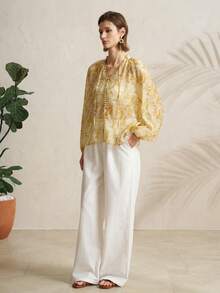 Airaco Women's New Loose Fit Elegant Yellow Floral Print Linen Long Sleeve Shirt - Yellow - View 5