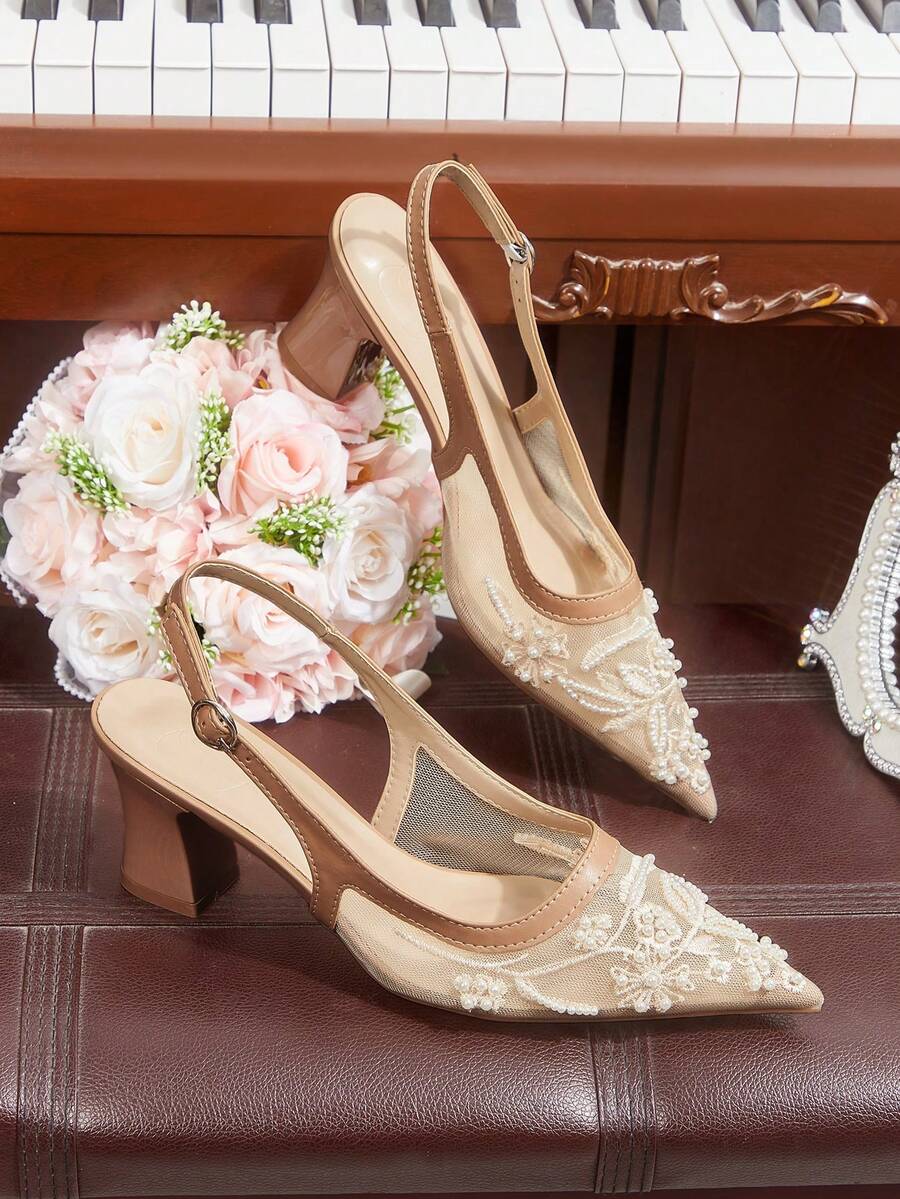 CUCCOO HITCHD Women Shoes Spring Summer Mesh Pearl Decorative Pointed Coarse Heel Fashion Women's Shoes Solid Color Women's High Heel Shoes Daily Commuter Dating Party - Nude A - View 1