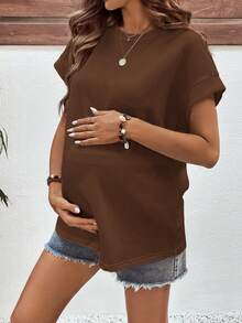 SHEIN Maternity Solid Color Round Neck Casual Versatile Short Sleeve T-Shirt, Summer - Coffee Brown - View 5