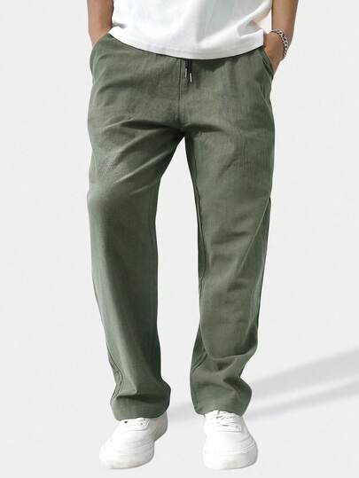 Manfinity Homme Men's Loose Solid Color Drawstring Waist Straight Leg Pants Men Linen Pant Men Drawstring Pants Men Pants Olive Green Pants Men