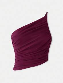Maija Women's 2026 Summer New Elegant Party & Office Commute Solid Color Asymmetric Design One Shoulder Tie Ruched Fitted Top For Women Sexy St Patrick's Day Women Easter Summer Easter Women Party Top Beach Summer Holiday Each Vacation For Women Summer For Women Going Out Graduation Casual Top For Women - Red Violet - View 7