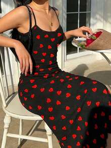 SHEIN EZwear 女士爱心印花中长连衣裙，修身吊带连衣裙，适合夏季穿着 - 彩色 - 查看 3