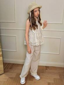 DAZY Tween Girls Sleeveless Lace Ruffle Blouse & Pants Set, Fall Outfit - Apricot - View 4