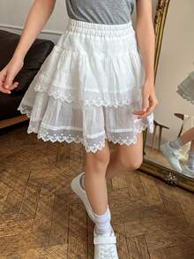 DAZY Tween Girl Elastic Waist Patchwork Bow Embroidery Mesh Double Ruffle Hem Cute A-Line Skirt - White - View 4