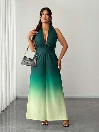 Elenzga 大码渐变色麻花针织阔腿连体裤