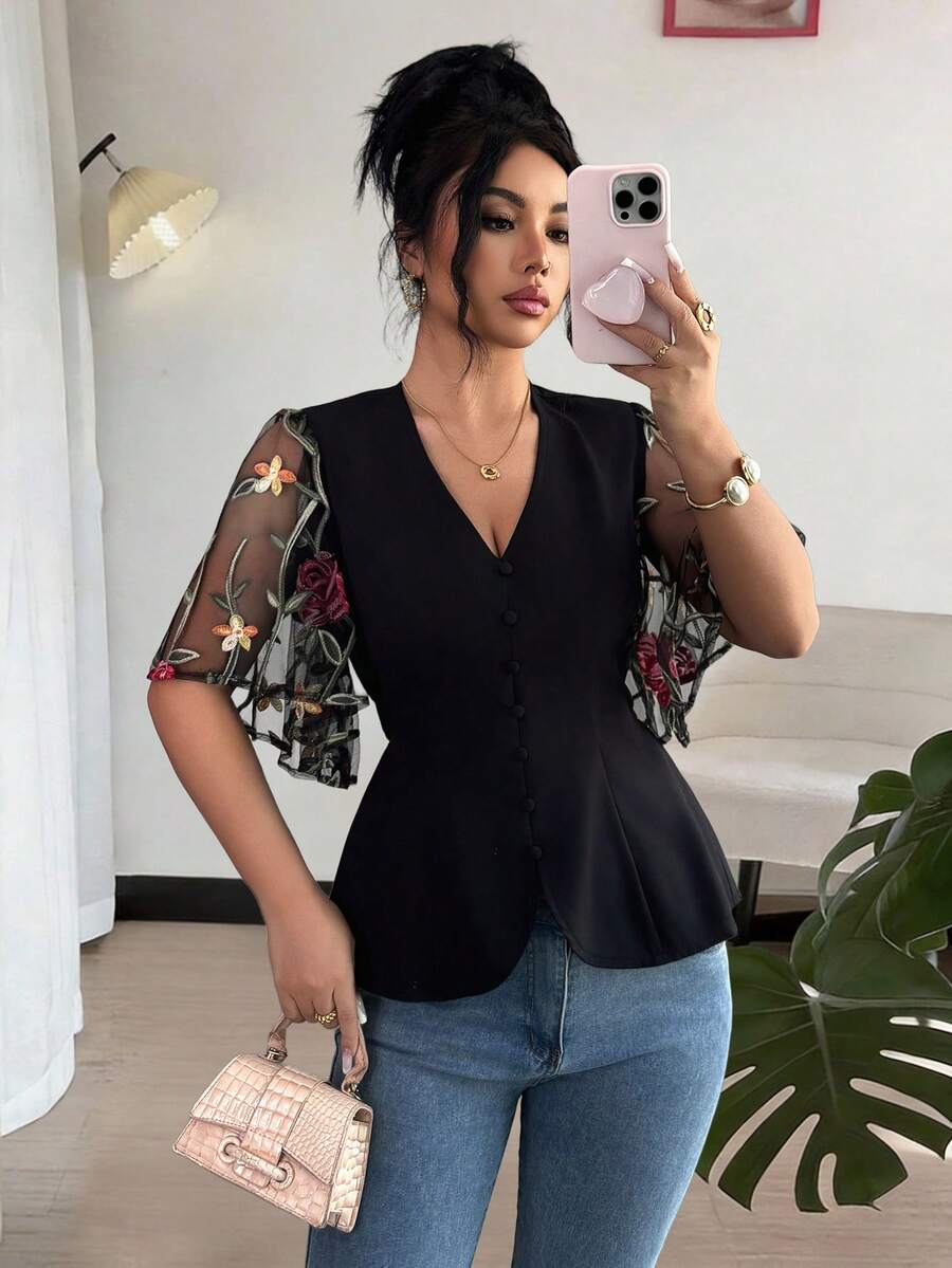Elenzga Women's V-Neck Button Design Floral Embroidery Mesh Ruffle Trim Elegant Blouse - Black - View 1