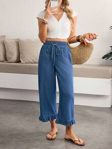 Breezaya 女士松紧腰系带荷叶边牛仔裤 - 藍色 - 查看 1