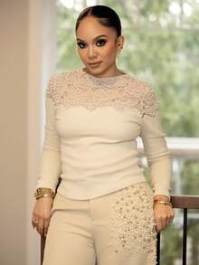 Melissa Matos Áo ren cổ tròn tay dài thanh lịch ôm sát dành cho nữ - Màu be - Xem 5