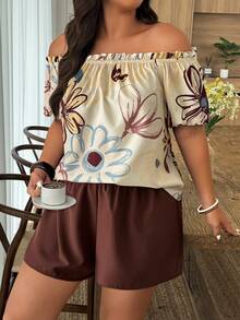Weeklong Plus Size Off-The-Shoulder Dopamine Two Pieces Set,Large Floral Print Short Sleeve Beige Top & Brown Shorts,Boho Summer Vacation Holiday Casual Wear - Multicolor - View 3