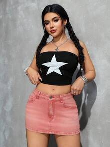 SHEIN EZwear 纯色斜插口袋修身休闲牛仔迷你裙 - 淺粉色 - 查看 5
