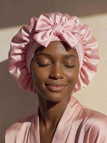 1 chiếc mũ sấy tóc mềm mại, trang trí nơ, kích thước có thể điều chỉnh bằng thun, phù hợp với tóc dài và dày, chất liệu vải satin co giãn viền rộng. - Nhiều màu - Xem 1