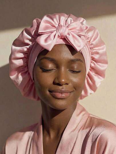 1个柔软吹风帽，蝴蝶结装饰，弹性可调节尺寸，适合长发和浓密头发，弹力宽边缎面面料