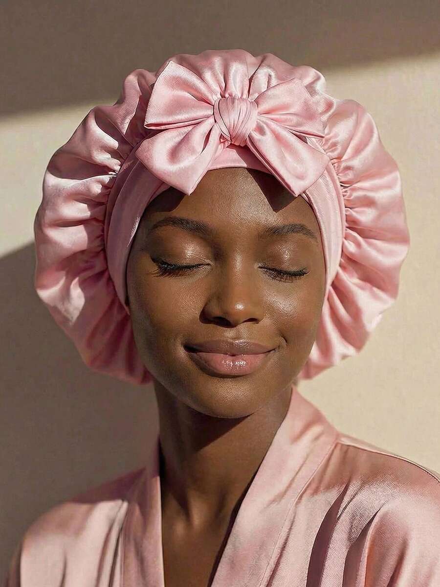 1 chiếc mũ sấy tóc mềm mại, trang trí nơ, kích thước có thể điều chỉnh bằng thun, phù hợp với tóc dài và dày, chất liệu vải satin co giãn viền rộng. - Nhiều màu - Xem 1