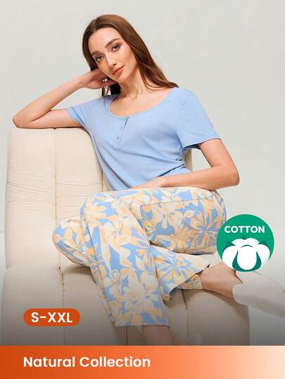 LUVLETTE Blue Soft Cotton Basic Henley T-Shirt & Patterned Pants Loungewear Airy Pajama Sets For Women Lounge Sets For Women Lingerie As Outerwear,Spring And Summer Curvy Talla Grande Pyjama