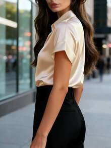 Balvessa Áo sơ mi nữ màu trơn, vai thường, tay ngắn, cài cúc phía trước, kiểu dáng tối giản, thanh lịch bằng vải satin. - Màu be - Xem 3