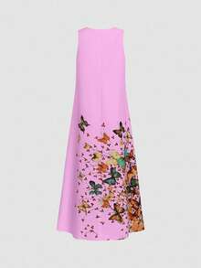 EMERY ROSE Summer Casual Butterfly Print Notched Neck Sleeveless Dress Maxi Women Outfit - Baby Pink - View 2