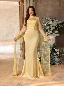 Aureia فستان طويل بأكمام طويلة شفافة وذيل سمكة، مناسب للسهرات والمناسبات المسائية والمواعيد والعطلات وعيد الحب والزفاف والخدم، مع وشاح ساتان مزخرف بالدانتيل الأصفر الفاتح الأنيق والرومانسي بحجم كبير - أصفر - مشاهدة 3