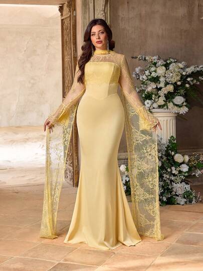 Aureia 大码优雅浪漫浅黄色蕾丝拼接缎面荷叶边围巾，修身透视长喇叭袖鱼尾裙摆连衣裙，适合晚宴、约会、度假、情人节、婚礼、伴娘等场合