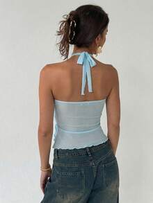 Aloruh Áo nữ không tay cổ yếm màu trơn, chất liệu xuyên thấu với viền bèo nhún, thích hợp cho mùa hè. - Màu xanh lam - Xem 8