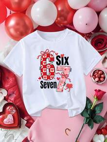 SHEIN 春夏休闲时尚创意个性清新别致简约格子、爱心、花卉、数字67、蝴蝶结、字母印花基础款短款T恤，舒适日常穿着，温暖的夏秋风格，适合春、夏、秋季少女穿着 - 白色 - 查看 6