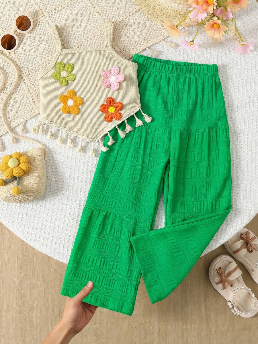 SHEIN 2pcs Girls Summer 3D Embroidery Decor Camisole Top With Asymmetrical Hem & Casual Long Pants Set Summer Holiday - Apricot - View 1