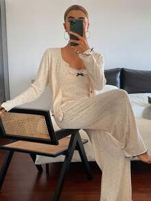 DAZY 3件套波点全印花蕾丝边女士睡衣套装 - 杏色 - 查看 1