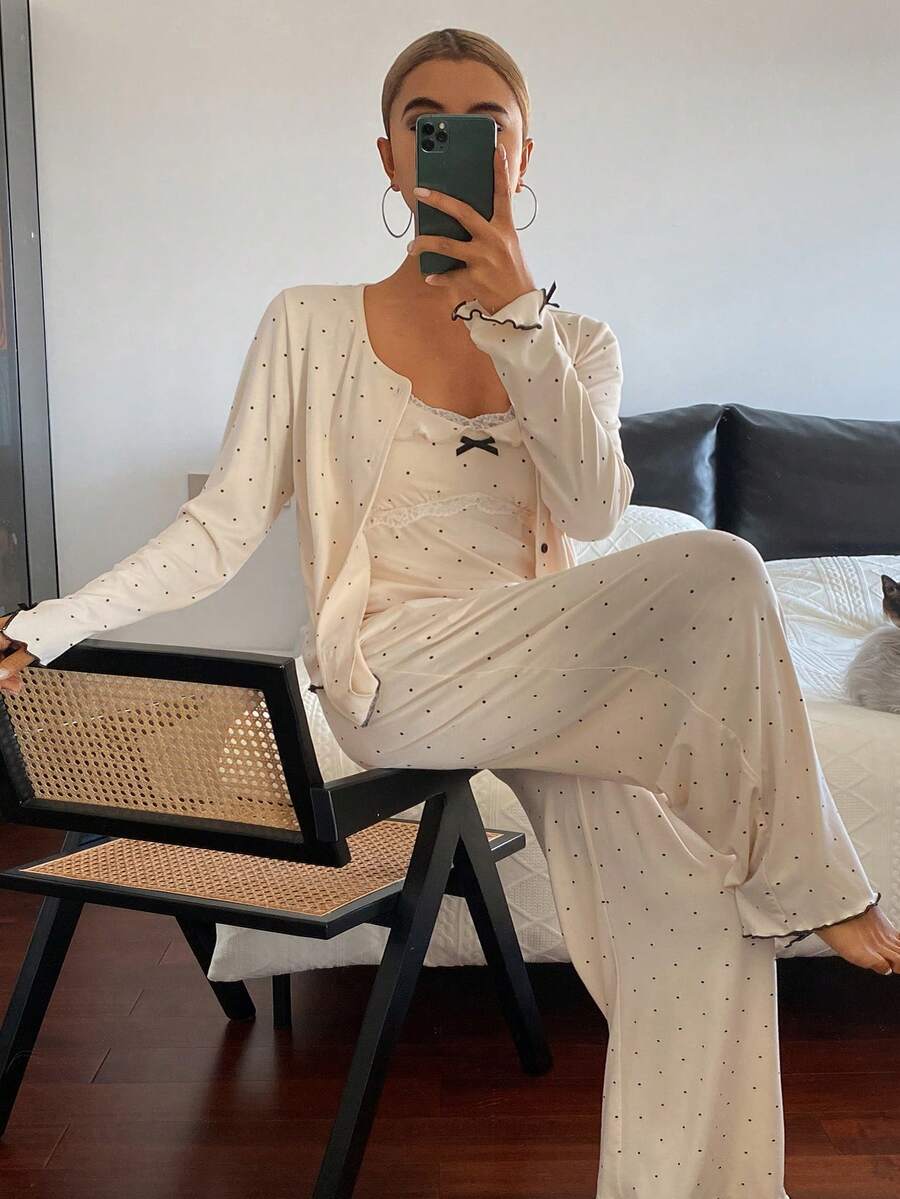 DAZY 3件套波点全印花蕾丝边女士睡衣套装 - 杏色 - 查看 1