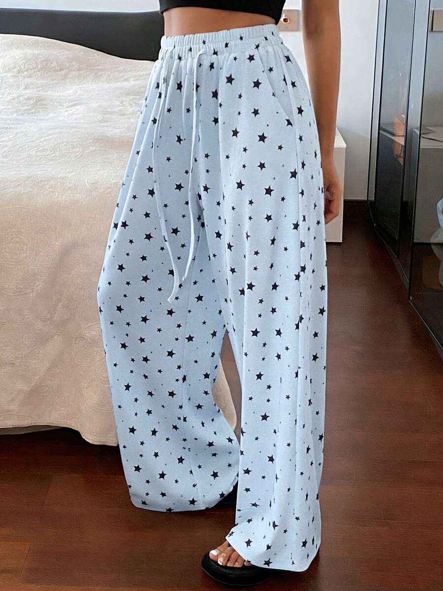 DAZY 星形图案宽松直筒长款睡裤（女款） - 藍色 - 查看 1