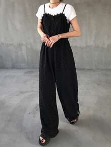 FRIFUL Damen Ärmellose Jumpsuit mit Spitzendekor für Frauen Loungewear Sets für Damen im Sommer - Schwarz - Übersicht 5