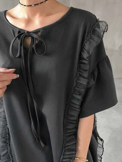 FRIFUL Women's Round Neck Multi-Layer Mesh Patchwork Loose Lantern Sleeve Shirt With Bow Tie Collar