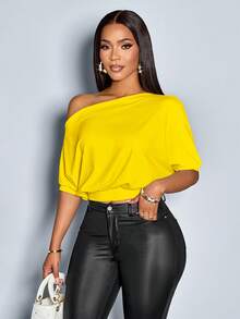 SOLERSUN Women's Solid Asymmetrical Neck Ruched Shoulder Tee - Yellow - View 4