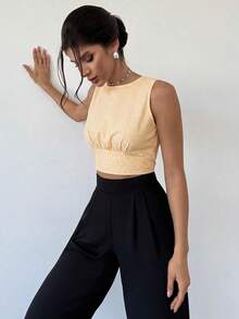 Firerie 女士优雅简约时尚性感浪漫通勤音乐节派对度假约会蓝白条纹露背无袖上衣 - 黃色 - 查看 5