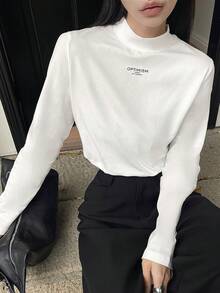 DAZY 女士高领字母印花修身长袖休闲T恤 - 白色 - 查看 5