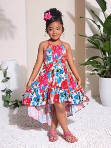 Young Girl Casual Vacation Daily Halter Curved Hem Dress, Vacation Print - Multicolor - View 4
