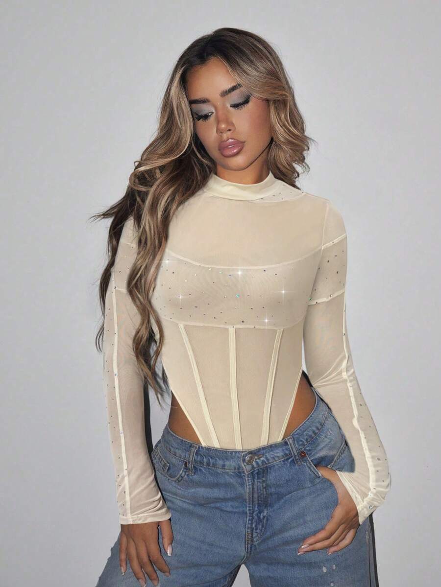 SHEIN ICON Mock Neck High Cut Mesh Black Bodysuit - Apricot - View 1