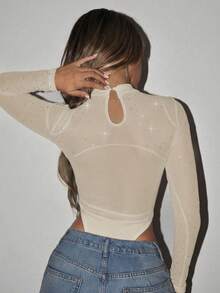 SHEIN ICON Mock Neck High Cut Mesh Black Bodysuit - Apricot - View 2