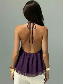 Aloruh Áo hai dây màu tím tối giản dành cho nữ, thích hợp mặc mùa hè, làm trang phục mùa hè, đồ đi biển mùa hè, đồ nghỉ dưỡng biển cho nữ, đồ nghỉ dưỡng nhiệt đới phong cách Bohemian, chất liệu chiffon nhiều lớp. - Màu tím - Xem 3