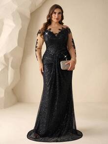 Coutiva 大码女士优雅网纱拼接亮片鱼尾摆晚礼服 - 黑色 - 查看 4