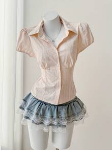 Sweetra 法式甜美泡泡袖粉色100%纯棉提花梭织镂空设计收腰夏季女式衬衫 - 粉色 - 查看 4