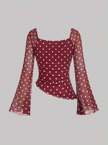 SHEIN MOD Camiseta de mujer con mangas acampanadas, lunares y lazo de malla - Burdeos - Ver 2