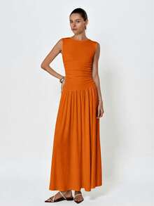 Aveloria Modichic White Minimalist Sophisticated Pleated Crew Neck Sleeveless Dress - Burnt Orange - View 4