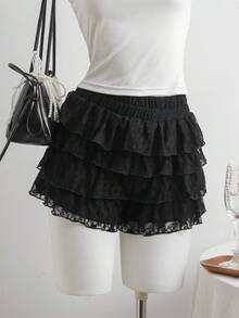 SHEIN Váy ngắn ren xếp lớp màu đen phong cách đường phố thường ngày dành cho bé gái tuổi teen. - màu đen - Xem 3