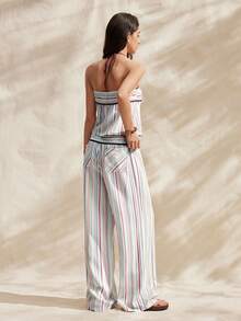 Easelle 两件套条纹印花露背吊带背心和系带阔腿裤梭织女装 - 彩色 - 查看 3